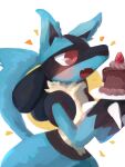  1boy animal_ears animal_hands black_fur blue_fur blush body_fur butter_(oshi8kyoumoh) cake chocolate_cake commentary_request fang food fruit furry furry_male hands_up happy highres holding holding_cake holding_food holding_plate lucario male_focus multicolored_fur no_lineart notice_lines open_mouth plate pokemon pokemon_(creature) red_eyes simple_background skin_fang smile snout solo spikes standing strawberry tail textless_version upper_body white_background wolf_boy wolf_ears wolf_tail yellow_fur 