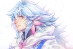  1boy black_shirt blue_hair closed_mouth falling_petals fate/grand_order fate_(series) hair_between_eyes hair_ornament highres hood hood_down hooded_robe kin_mokusei light_blue_hair light_smile long_hair looking_at_viewer looking_to_the_side merlin_(fate) petals portrait profile robe shirt solo turtleneck_shirt violet_eyes white_background white_robe 