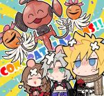  1girl 2boys aerith_gainsborough aerith_gainsborough_(rosy_battle_suit) anger_vein bandaid bandaid_on_face blonde_hair blue_eyes braid braided_ponytail brown_hair chest_strap chibi closed_eyes cloud_strife cloud_strife_(official_festive_garb) congratulations crossed_bandaids final_fantasy final_fantasy_vii final_fantasy_vii_ever_crisis frogccc333 furrowed_brow green_eyes grey_hair hair_ribbon happy_tears head_bump jack-o&#039;-lantern japanese_clothes mechanical_parts multiple_boys official_alternate_costume open_mouth own_hands_together parted_bangs red_ribbon red_sleeves ribbon sephiroth sephiroth_(celebratory_garb) short_hair sidelocks single_braid slit_pupils spiky_hair sweatdrop tears upper_body 