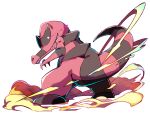  black_sclera black_stripes claws colored_sclera colored_skin crocodilian fangs fangs_out grey_eyes highres krookodile long_tail nalrni no_humans pokemon pokemon_(creature) red_skin spines tail 