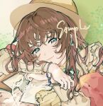  1girl blue_eyes book brown_hair brown_headwear brown_shirt earrings fors_wall hat highres holding jewelry long_hair long_sleeves looking_at_viewer lord_of_the_mysteries pen shawl shirt smile solo yi_yi_tiantang 