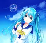  1girl abc_cherry blue_eyes blue_hair blush bubble day flower hair_ribbon hatsune_miku highres holding holding_flower long_hair long_sleeves looking_at_viewer ribbon sailor_collar sky smile solo twintails upper_body vocaloid 