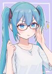  1girl :t bespectacled blue_eyes blue_hair blush glasses hands_up hatsune_miku highres long_hair shirt short_sleeves solo sparkle spring_onion_print t-shirt translation_request twintails upper_body v-shaped_eyebrows vocaloid yasuno-labo 