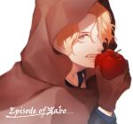  apple blonde_hair blue_shirt brown_cape brown_gloves cape close-up eating food fruit gloves hood hooded_cape kazuto_(kazu_one_a) looking_at_viewer one_piece sabo_(one_piece) shirt simple_background white_background 