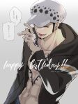 1boy chest_tattoo chiyu_(cotoritori) closed_eyes coat commentary_request dated earrings facial_hair goatee hand_tattoo happy_birthday hat jewelry male_focus one_piece open_clothes open_coat sideburns smile solo tattoo trafalgar_law translation_request