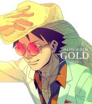  1boy black_hair close-up commentary_request hand_on_headwear hat jacket jewelry looking_to_the_side male_focus monkey_d._luffy multiple_hats necklace one_piece one_piece_film:_gold scar scar_on_face short_hair simple_background smile solo straw_hat sunglasses tako_jirou white_background white_jacket 