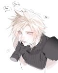  1boy 1girl armor black_gloves black_sweater blonde_hair blue_eyes bracelet closed_mouth cloud_strife commentary duoj_ji english_commentary final_fantasy final_fantasy_vii final_fantasy_vii_rebirth final_fantasy_vii_remake fingerless_gloves gloves hand_on_another&#039;s_face heart highres jewelry light_blush looking_at_another out_of_frame short_hair shoulder_armor single_bare_shoulder sleeveless sleeveless_turtleneck speech_bubble spiky_hair spoken_heart spoken_squiggle squiggle sweater tifa_lockhart turtleneck turtleneck_sweater twitter_username upper_body white_background 