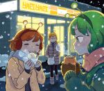3girls antennae bag brown_gloves character_request closed_eyes convenience_store drinking earmuffs eating gloves green_eyes green_hair green_headwear green_jacket happy jacket monaka_(siromona) multiple_girls open_clothes open_jacket open_mouth orange_hair original outdoors plastic_bag red_headwear red_scarf redhead scarf shop short_hair snow snowing white_scarf winter winter_clothes yellow_headwear yellow_jacket