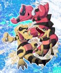  black_claws black_sclera black_stripes cellulo claws closed_eyes colored_sclera colored_skin crocodilian evolutionary_line fangs fangs_out grey_eyes highres krokorok krookodile no_humans pokemon pokemon_(creature) red_skin sandile spikes spines 