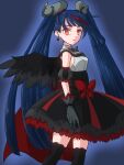  1girl black_dress black_thighhighs black_wings blue_eyes blue_hair bow closed_mouth commentary_request corruption cure_sky dark_persona detached_sleeves dress dress_bow earrings empty_eyes feathered_wings from_side frown gloves grey_gloves highres hirogaru_sky!_precure jewelry long_hair looking_at_viewer m12ki magical_girl multicolored_hair partial_commentary precure puffy_detached_sleeves puffy_sleeves red_eyes redhead short_dress single_wing sleeveless sleeveless_dress solo standing streaked_hair thigh-highs twintails very_long_hair wing_hair_ornament wings 