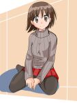  1girl black_pantyhose brown_eyes brown_hair full_body grey_sweater highres kunounaoki looking_at_viewer miniskirt original own_hands_together pantyhose pleated_skirt red_skirt short_hair sitting skirt smile striped_clothes sweater yokozuwari 