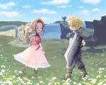  1boy 1girl aerith_gainsborough armor baggy_pants bangle black_footwear blonde_hair blue_eyes blue_pants blue_shirt bluelimbo8888 boots bracelet braid braided_ponytail brown_footwear brown_hair buster_sword closed_eyes cloud_strife cropped_jacket dress field final_fantasy final_fantasy_vii final_fantasy_vii_rebirth flower flower_field hair_ribbon jacket jewelry long_dress long_hair looking_at_another materia nature open_mouth outdoors pants parted_bangs pink_dress pink_ribbon puffy_short_sleeves puffy_sleeves red_jacket ribbon shirt short_hair short_sleeves shoulder_armor sidelocks single_braid sleeveless sleeveless_turtleneck smile spiky_hair turtleneck walking wavy_hair weapon weapon_on_back 