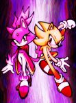  1boy 1girl animal_ears blaze_the_cat burning_blaze cat_ears cat_girl cat_tail furry furry_female furry_male gloves highres jacket lamelev looking_at_viewer pants pink_footwear pink_fur ponytail red_eyes red_footwear red_jacket smile sonic_(series) sonic_rush sonic_rush_adventure sonic_the_hedgehog super_sonic tail white_gloves white_pants yellow_eyes yellow_fur 