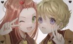  2girls blonde_hair chocolat_meilleure close-up commentary_request earrings fangs green_eyes hair_ornament heart heart_hair_ornament highres jewelry kumagai_yuka long_hair looking_at_viewer multiple_girls one_eye_closed orange_hair school_uniform short_hair simple_background smile sugar_sugar_rune v vanilla_mieux violet_eyes 