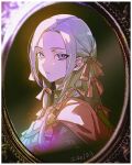  1girl ascot border bow cape commentary dated edelgard_von_hresvelg english_commentary fire_emblem fire_emblem:_three_houses frown grey_hair grey_shirt hair_bow haun long_hair looking_at_viewer parted_bangs picture_frame portrait red_bow red_cape shirt solo upper_body violet_eyes 