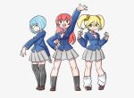  3girls :d \||/ arm_up blonde_hair blue_eyes blue_hair blue_jacket blunt_bangs brown_footwear clenched_hand collared_shirt hair_between_eyes hair_ornament hair_scrunchie half-closed_eyes hand_on_own_hip jacket jitome leg_warmers long_hair long_sleeves looking_at_viewer medium_hair multiple_girls neck_ribbon open_mouth original pink_ribbon red_eyes redhead ribbon school_uniform scrunchie shirt short_eyebrows skirt smile socks sunafuki_tabito thigh-highs twintails white_background white_shirt white_skirt yellow_eyes 