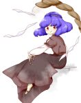  1girl black_skirt blue_hair brown_footwear closed_mouth from_side grey_shirt long_sleeves nonamejd official_style puffy_sleeves red_eyes rope sandals shide shimenawa shirt short_hair simple_background sitting skirt smile solo touhou white_background yasaka_kanako zun_(style) 