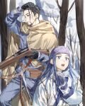  1boy 1girl absurdres asirpa beard belt_pouch black_gloves black_hair blue_eyes blue_hair blue_jacket blue_pants cape chamuring child coat commentary_request facial_hair gloves golden_kamuy hair_slicked_back hairband hand_in_own_hair highres holding holding_weapon hood hooded_cape jacket korean_commentary long_hair loose_hair_strand military_uniform ogata_hyakunosuke pants pouch snow tree undercut uniform weapon 