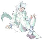  1boy animal_ears bandaged_arm bandaged_leg bandages blue_eyes crossed_ankles fox_boy fox_ears fox_tail hand_on_floor jujutsu_kaisen kashimo_hajime male_focus pants pectorals rei_(poro06625649) robe simple_background smile tail w white_background white_footwear white_pants white_robe 