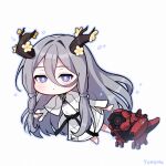  1girl :o antlers artist_name blue_eyes blush chibi counter:side floating flower grey_hair hair_between_eyes hair_flower hair_ornament highres horns long_hair looking_at_viewer lurcher robot shepherd_(counter:side) toy_dinosaur white_background yugo_(yuno65) 