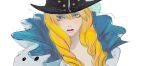  1boy black_headwear blonde_hair blue_background cavendish close-up coat collared_coat commentary drill_hair hair_between_eyes hat highres linerynlasgalen looking_to_the_side male_focus one_piece simple_background solo symbol-only_commentary white_background white_coat 