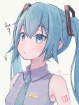  1girl :&lt; armpits blue_eyes blue_hair blush collared_shirt commentary hatsune_miku highres long_hair necktie shirt sleeveless sleeveless_shirt solo translated twintails upper_body vocaloid yasuno-labo 