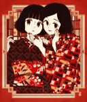  2girls black_eyes black_hair hanaze hand_on_another&#039;s_head hand_on_another&#039;s_shoulder japanese_clothes jewelry kimono looking_at_viewer looking_to_the_side multiple_girls original red_kimono red_lips red_nails red_theme retro_artstyle ring short_hair 