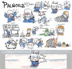  &gt;_&lt; 1girl 1other absurdres advarcher animal_costume animal_ears axe blue_eyes blue_hair blue_hoodie blunt_bangs breakdance burning campfire cat_ears character_request chibi commentary creature drill english_commentary english_text facial_hair fins fish_tail gawr_gura gawr_gura_(1st_costume) grey_hair hair_ornament highres holding holding_axe hololive hololive_english hood hood_down hoodie kemonomimi_mode lamball long_sleeves mining_helmet monkey multicolored_hair multiple_views palworld shark_costume shark_girl shark_hair_ornament shark_tail sheep speech_bubble streaked_hair tail two_side_up virtual_youtuber 