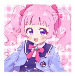  1girl :d aozora_himari blue_jacket blunt_bangs border bow chii_(chi_pppuri) commentary_request cropped_jacket hair_bow heart highres himitsu_no_aipri jacket long_hair long_sleeves looking_at_viewer neck_ribbon open_mouth pink_bow pink_hair pink_ribbon pretty_series ribbon school_uniform smile solo sparkle twintails upper_body violet_eyes white_border 