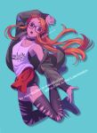  1girl :o alternate_eye_color aqua_background arm_up black_choker black_shorts black_thighhighs boots choker collarbone english_text floating_hair green_jacket headphones jacket jumping long_hair open_hand open_mouth orange_hair persona persona_5 persona_5:_dancing_star_night print_shirt sakura_futaba shirt short_shorts shorts simple_background solo tank_top thigh-highs thighs torn_clothes torn_thighhighs twitter_username white_tank_top yotsukado_(ziburigaippai) 