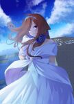  1girl adjusting_headphones bare_shoulders blue_eyes blue_sky blush brown_hair cityscape collarbone commentary cowboy_shot day dress english_text enpera eyebrows_hidden_by_hair eyelashes floating_hair gloves go-toubun_no_hanayome grin hand_up head_wreath headphones headphones_around_neck highres long_hair looking_at_viewer mojyu_saico nakano_miku off-shoulder_dress off_shoulder official_alternate_costume outdoors sidelighting sky smile solo wedding_dress white_dress white_gloves wind 