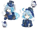  ! 1girl ahoge asymmetrical_gloves black_gloves blue_eyes blue_gemstone blue_hair blue_jacket commentary_request drop-shaped_pupils furina_(genshin_impact) gem genshin_impact gloves grin hair_between_eyes hand_on_own_cheek hand_on_own_face hat heterochromia highres jacket long_hair long_sleeves looking_at_viewer medium_hair mismatched_gloves mismatched_pupils multiple_views notice_lines open_mouth raised_eyebrows reference_inset simple_background smile surprised top_hat very_long_hair white_background white_hair zikoman_syumi 
