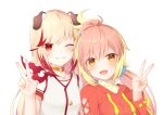 2girls animal_ears blonde_hair blush choker commentary_request dog_ears dog_girl drawstring grin hand_up highres hira_hikari hood hood_down hoodie jewelry long_hair long_sleeves looking_at_viewer low_twintails multicolored_hair multiple_girls nanashi_inc. necklace o-ring o-ring_choker one_eye_closed open_mouth orange_eyes orange_hoodie pink_hair red_eyes redhead rin_(0917608) seshima_rui shirt short_sleeves sidelocks simple_background smile streaked_hair teeth transparent_background twintails two-tone_hair upper_body v virtual_youtuber white_shirt 