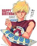  1boy blonde_hair bright_pupils brown_eyes character_name commentary_request dated duel_disk grin hand_on_own_hip hand_up happy_birthday jounouchi_katsuya kemopoko25 looking_to_the_side male_focus red_shirt shirt short_hair signature sleeveless sleeveless_shirt smile solo trading_card translation_request upper_body white_background yu-gi-oh! yu-gi-oh!_duel_monsters 