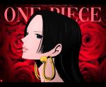  1girl black_hair blue_eyes boa_hancock chris_re5 close-up commentary earrings floral_background hime_cut instagram_username jewelry letterboxed looking_to_the_side one_piece pink_lips profile solo twitter_username 