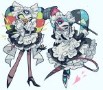  2boys alternate_costume apron black_dress black_footwear brown_thighhighs colored_sclera crossdressing demon_boy demon_horns demon_tail dress enmaided fizzarolli_(helluva_boss) frilled_apron frilled_dress frills full_body heart helluva_boss high_heels highres holding holding_whip horns juliet_sleeves lightning_bolt_symbol long_sleeves looking_at_viewer maid maid_apron maid_headdress male_focus male_maid meremero monster_boy multiple_boys open_mouth pink_eyes puffy_sleeves robo_fizz sharp_teeth simple_background smile standing striped_horns tail teeth thigh-highs white_apron yellow_sclera 