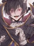  1boy absurdres black_cape black_gloves cape chess_piece code_geass gloves grey_background heterochromia highres lelouch_vi_britannia looking_at_viewer male_focus mino_iii open_mouth pointing pointing_at_viewer purple_shirt red_eyes shirt smile solo violet_eyes 