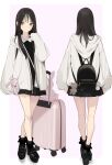  1girl ama_mitsuki backpack bag bare_legs black_bag black_footwear black_hair black_skirt black_sweater border brown_eyes closed_mouth collared_shirt commentary from_behind full_body hand_up highres hood hooded_jacket jacket long_hair long_sleeves multiple_views open_clothes open_jacket original outside_border pink_background pleated_skirt rolling_suitcase shirt sidelocks simple_background skirt sleeves_past_fingers sleeves_past_wrists standing stuffed_toy suitcase sweater white_background white_border white_jacket 