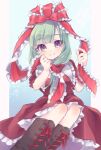  1girl dress frilled_dress frilled_ribbon frills front_ponytail green_hair highres kagiyama_hina looking_at_viewer nemuiryousuke puffy_short_sleeves puffy_sleeves red_dress ribbon short_sleeves smile solo touhou violet_eyes 