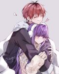  1boy 1girl absurdres artist_name black_hair black_jacket blanket blush closed_eyes commentary earmuffs english_commentary fern_(sousou_no_frieren) frieren grey_background heart hetero highres hug hug_from_behind jacket long_hair multicolored_hair nagihaha purple_hair redhead short_hair sidelocks signature simple_background smile sousou_no_frieren stark_(sousou_no_frieren) sweater two-tone_hair upper_body violet_eyes white_sweater 