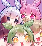  5girls :3 against_fourth_wall animal_ears ankomon bright_pupils brown_hair cheek_press close-up closed_mouth commentary double-parted_bangs green_hair grey_eyes light_brown_hair looking_at_viewer multiple_girls open_mouth parted_lips pink_background pink_eyes pink_hair red_eyes shin_(83211021) short_hair smile symbol-only_commentary voiceroid voicevox white_hair white_pupils yellow_eyes zundamon 