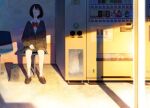  1girl bag black_footwear black_hair black_skirt bow city closed_eyes evening highres landscape long_sleeves miniskirt original red_bow scenery school_bag school_uniform shadow short_hair shurock sitting skirt sleeping solo train_station train_station_platform vending_machine 