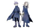  2boys ahoge blonde_hair blue_cape blue_coat blue_footwear blue_jacket blue_shorts boots cape closed_mouth coat crossed_swords frown full_body highres holding holding_sword holding_weapon jacket long_hair long_sleeves looking_at_viewer macha_(macha3635toa) makoto_kagutsuchi male_focus master_detective_archives:_rain_code multiple_boys purple_hair short_hair shorts simple_background spoilers standing sword violet_eyes weapon white_background yuma_kokohead 