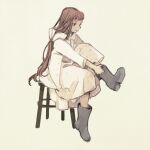  1girl boots brown_eyes chair closed_mouth dress full_body green_background highres jacket long_dress long_hair original philia_ell putting_on_boots redhead short_bangs simple_background sitting solo tono_(rt0no) white_dress white_jacket 