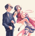  1boy 2girls ahoge android bare_arms black_hair black_suit blue_necktie brown_hair carrying carrying_person closed_eyes commentary_request company_connection dated dress earmuffs formal fur-trimmed_dress fur_trim glasses grin happy_birthday highres hip_gear hiyama_kiyoteru holding holding_suitcase kaai_yuki long_hair multiple_girls nata_shelf neckerchief necktie open_mouth pink_hair red_dress red_neckerchief sf-a2_miki shirt short_sleeves sleeveless sleeveless_dress smile standing star_(symbol) star_print suit suitcase textless_version twintails very_long_hair vocaloid white_dress white_shirt 