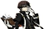  1boy black_jacket book brown_eyes brown_hair domino_mask gloves highres jacket kurotani_kiyoshi mask official_art persona persona_5 persona_5:_the_phantom_x short_hair white_gloves 