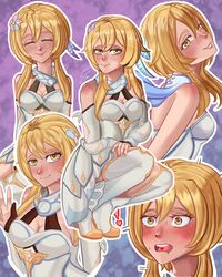  blonde_hair calm dress flower flower_on_head genshin_impact hair_ornament heart heart_tongue highres lumine_(genshin_impact) multiple_expressions multiple_views shoes shy smile sweat sweatdrop thigh-highs white_dress white_thighhighs yellow_eyes 