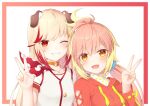  2girls animal_ears blonde_hair blush border choker commentary_request dog_ears dog_girl drawstring gradient_border grin hand_up highres hira_hikari hood hood_down hoodie jewelry long_hair long_sleeves looking_at_viewer low_twintails multicolored_hair multiple_girls nanashi_inc. necklace o-ring o-ring_choker one_eye_closed open_mouth orange_eyes orange_hoodie outside_border pink_hair red_border red_eyes redhead rin_(0917608) seshima_rui shirt short_sleeves sidelocks simple_background smile streaked_hair teeth twintails two-tone_hair upper_body v virtual_youtuber white_background white_shirt 