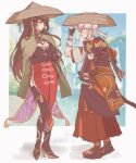  1boy 1girl beidou_(genshin_impact) brown_hair cape couple from_side full_body genshin_impact hand_up hat hetero highres japanese_clothes kaedehara_kazuha kasep katana long_hair ponytail red_eyes shoes short_hair sword weapon white_hair 