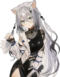  1girl absurdres animal_ears black_dress cat_ears crop_top dress gradient_hair grey_eyes grey_hair highres jacket long_hair mita_(d66886) mole mole_under_eye multicolored_hair nijisanji open_clothes open_jacket side_slit smile solo sophia_valentine sophia_valentine_(1st_costume) very_long_hair virtual_youtuber white_jacket 